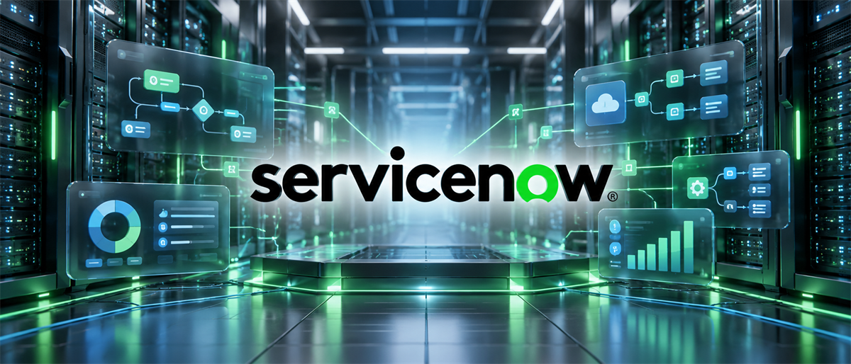 ServiceNow logo displayed in a data center corridor, surrounded by digital icons representing workflow and analytics charts.