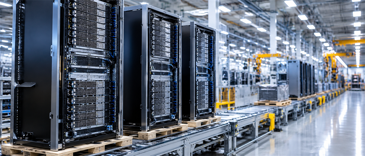 Rows of server racks on wooden pallets along a conveyor line inside an industrial manufacturing facility.