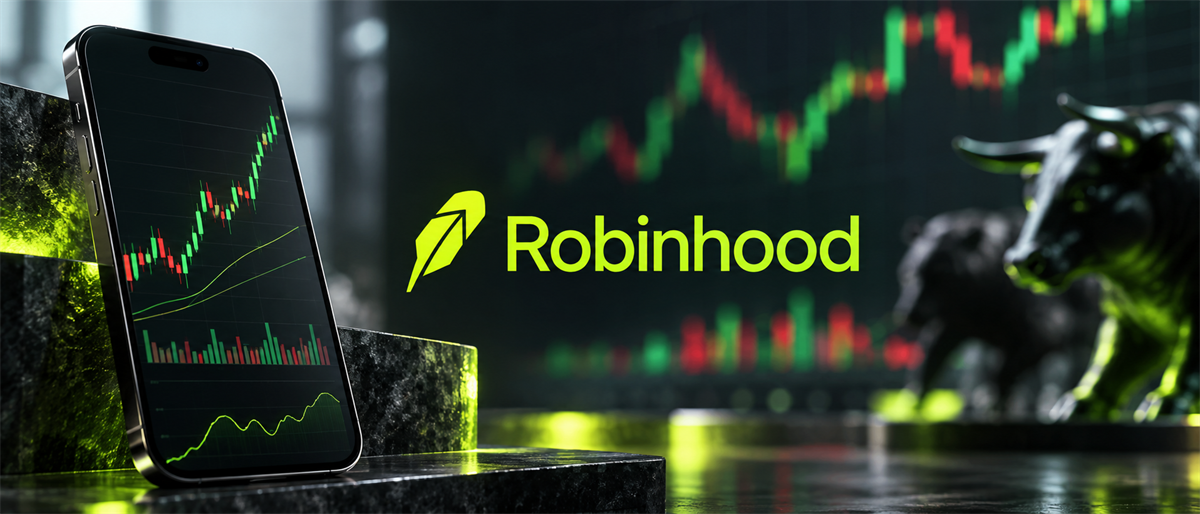 Smartphone displaying an upward stock price chart beside the Robinhood logo, with a blurred candlestick chart and bull statue behind.