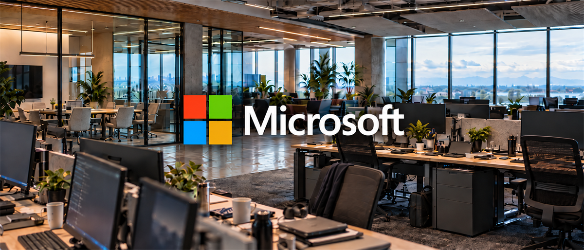 Microsoft logo overlaid on an open-plan office with desks, computer monitors, and large windows overlooking a city skyline.