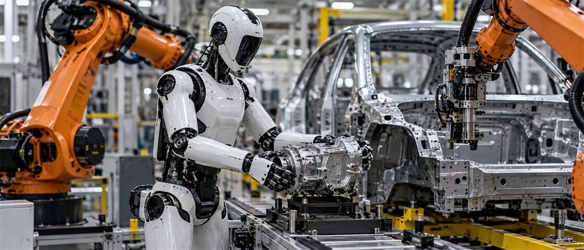 A humanoid robot works alongside orange industrial robotic arms on a vehicle assembly line in a car factory.