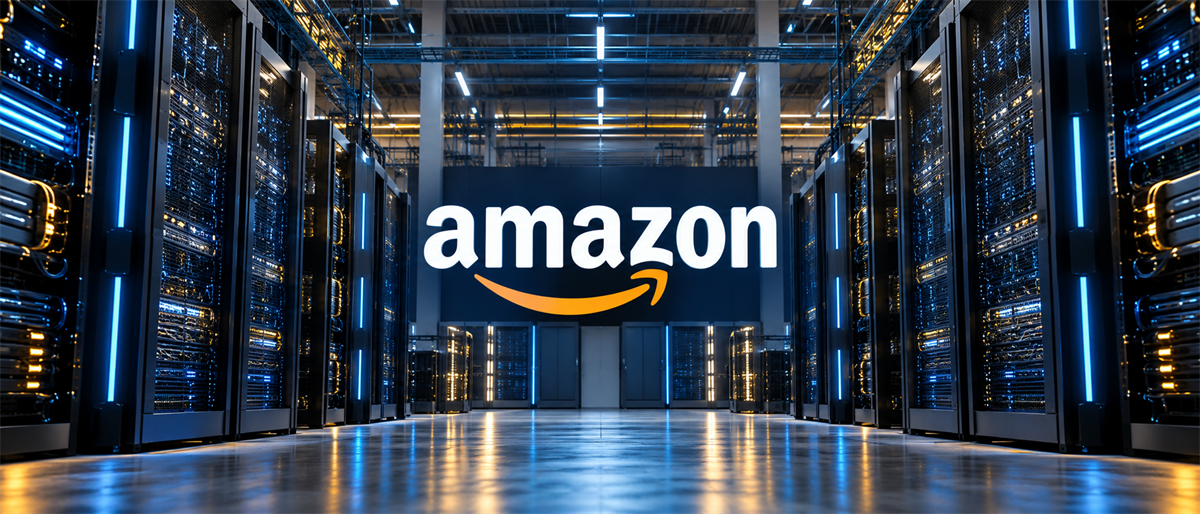 Amazon logo displayed on a wall at the end of a data center aisle lined with illuminated server racks.