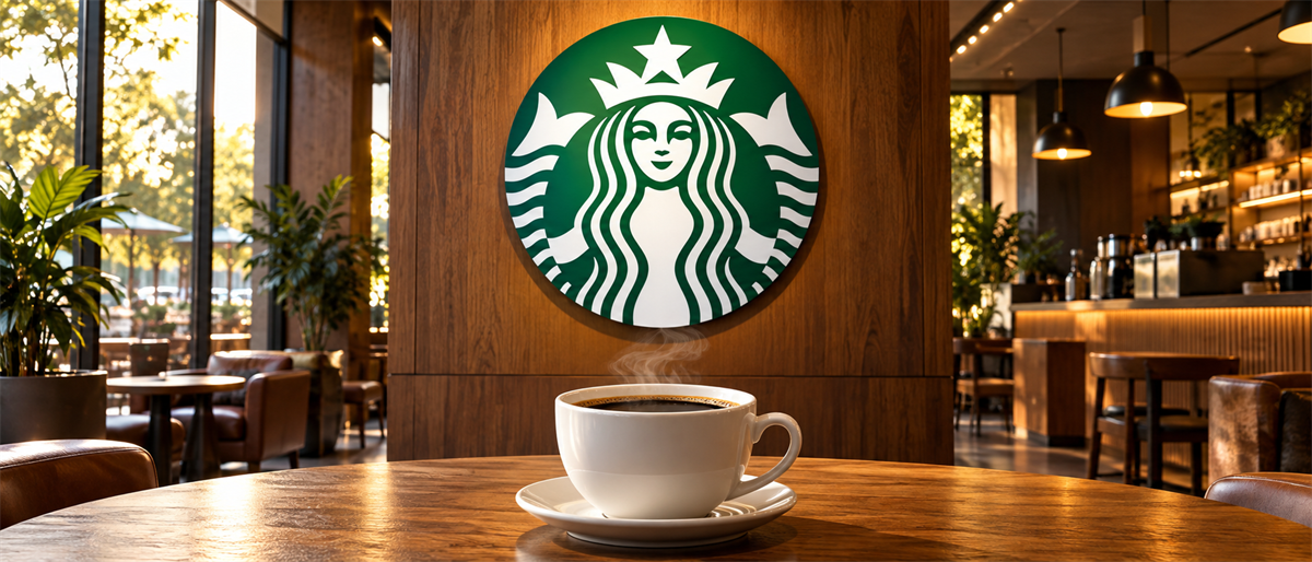 Starbucks logo on a wood wall above a steaming coffee cup and saucer in a cafe setting.