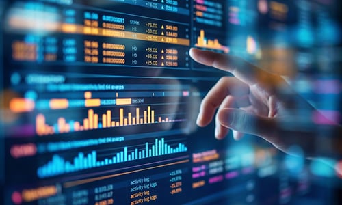 Close-up of a digital stock dashboard with a hand interacting with charts and financial data, symbolizing earnings analysis and performance tracking.