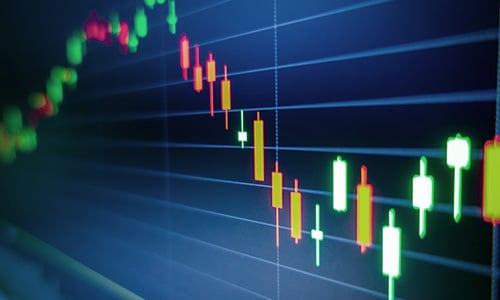 Detailed candlestick chart with red and green bars on a dark grid background, illustrating analyst ratings trends and stock performance shifts.