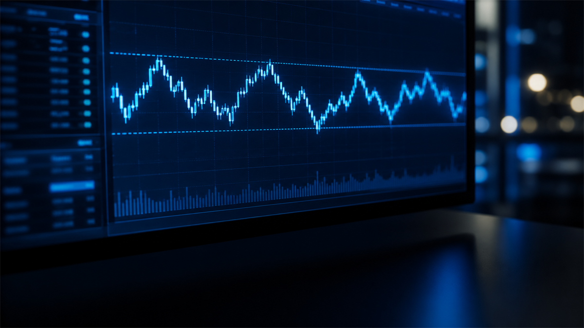 Stock market chart on a screen with a blue line across