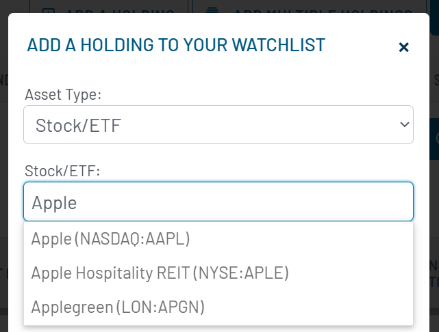 Dropdown autofills with company tickers