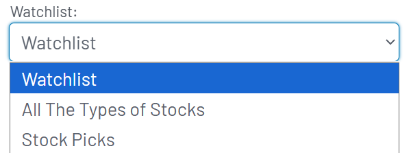 Dropdown showing different watchlists