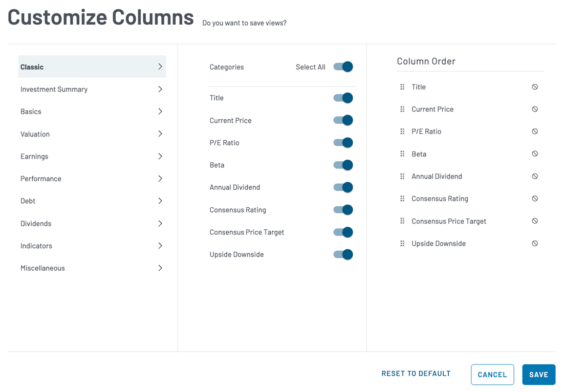 Customize Columns screen in My MarketBeat showing category options, column visibility toggles, and drag-and-drop controls to reorder watchlist data columns.