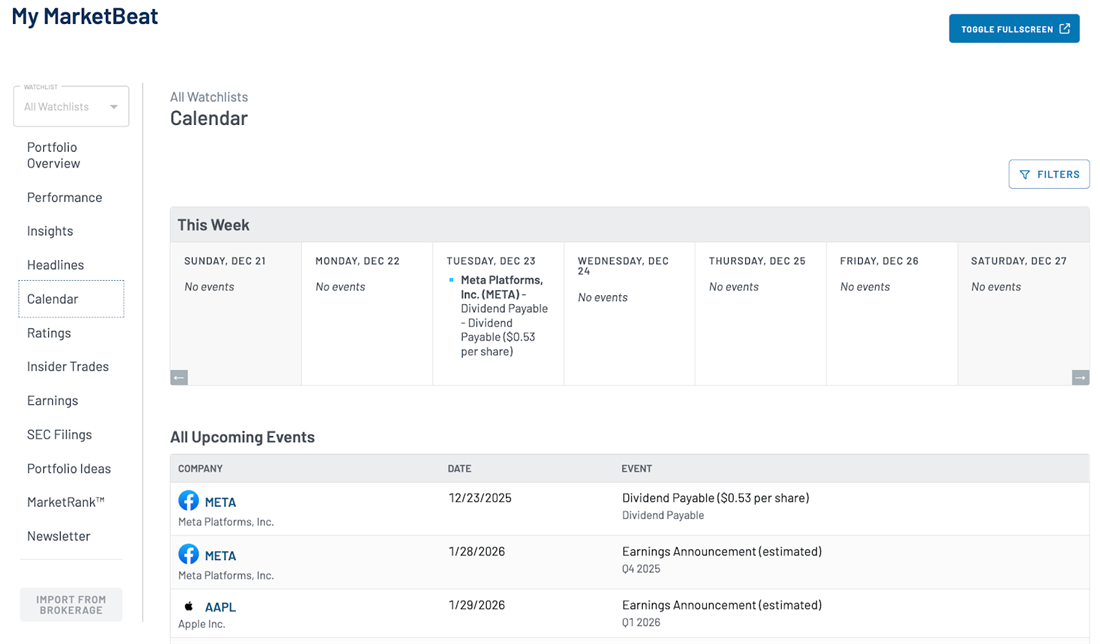 My MarketBeat calendar view showing upcoming earnings and dividend events for watched stocks, organized by week and date.
