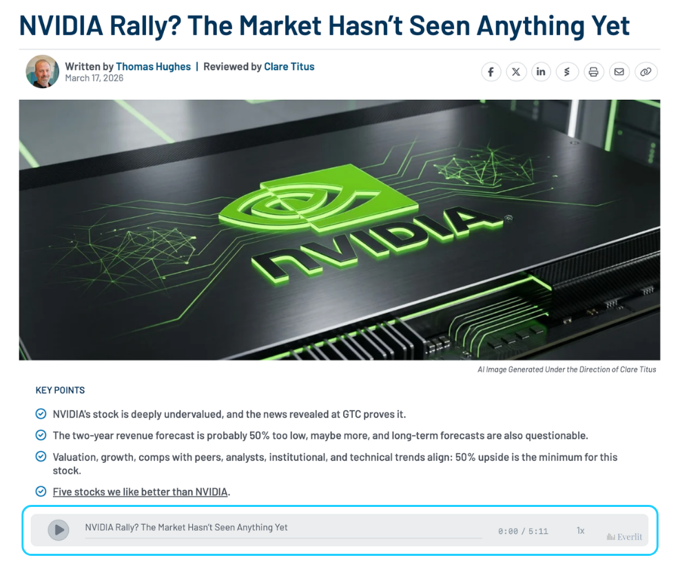 NVIDIA stock analysis article on MarketBeat featuring an in-article audio player