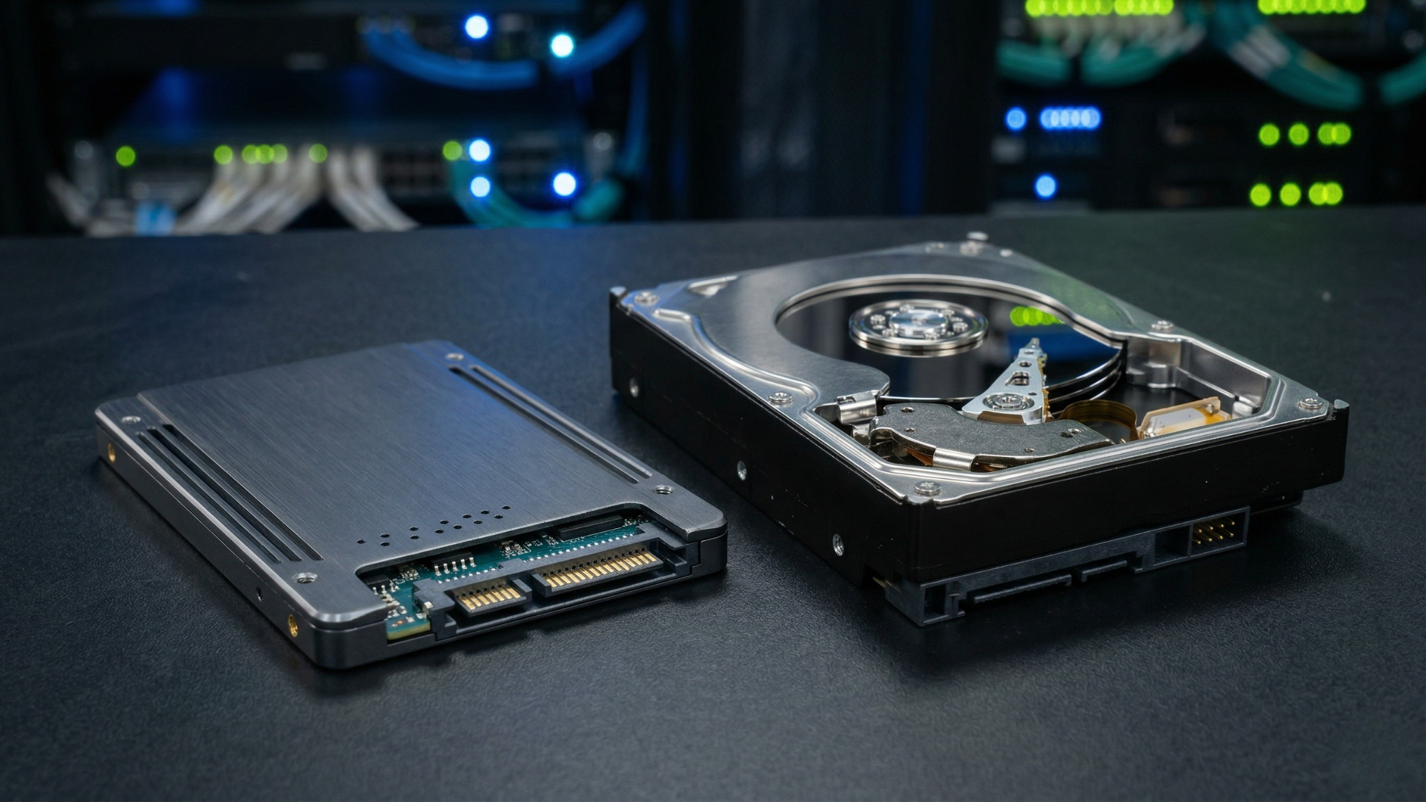 Photorealistic close-up of SSD and HDD drives in a data center, representing AI-driven memory storage demand in semiconductors.