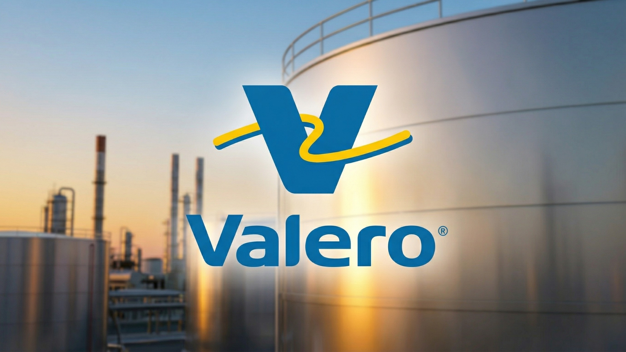 Valero refinery tanks at sunset with logo, symbolizing strong refining margins and energy sector growth.