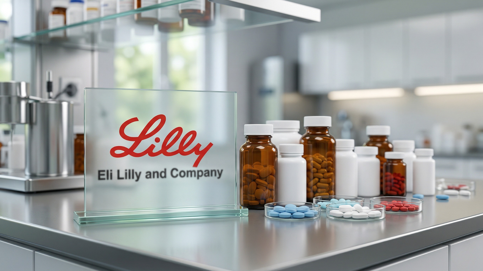 Photorealistic Eli Lilly lab display with branded glass sign and assorted prescription pill bottles on a clean counter.