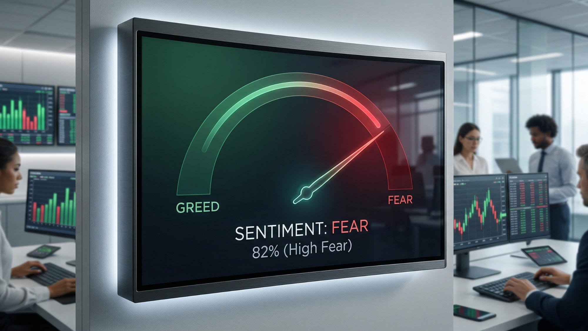 Fear-greed sentiment gauge at 82% fear in a trading office, signaling contrarian buy opportunities in beaten-down stocks.