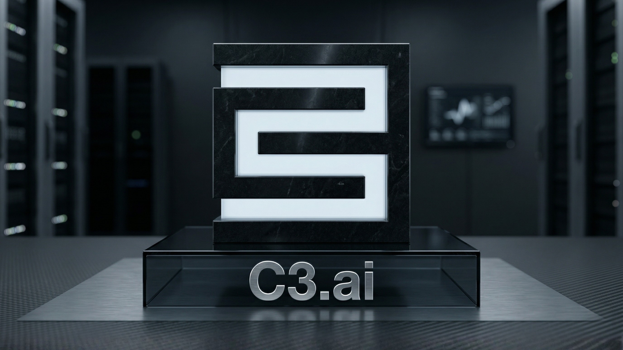 Photorealistic C3.ai logo in a server room, symbolizing AI stock volatility and potential short squeeze rally.