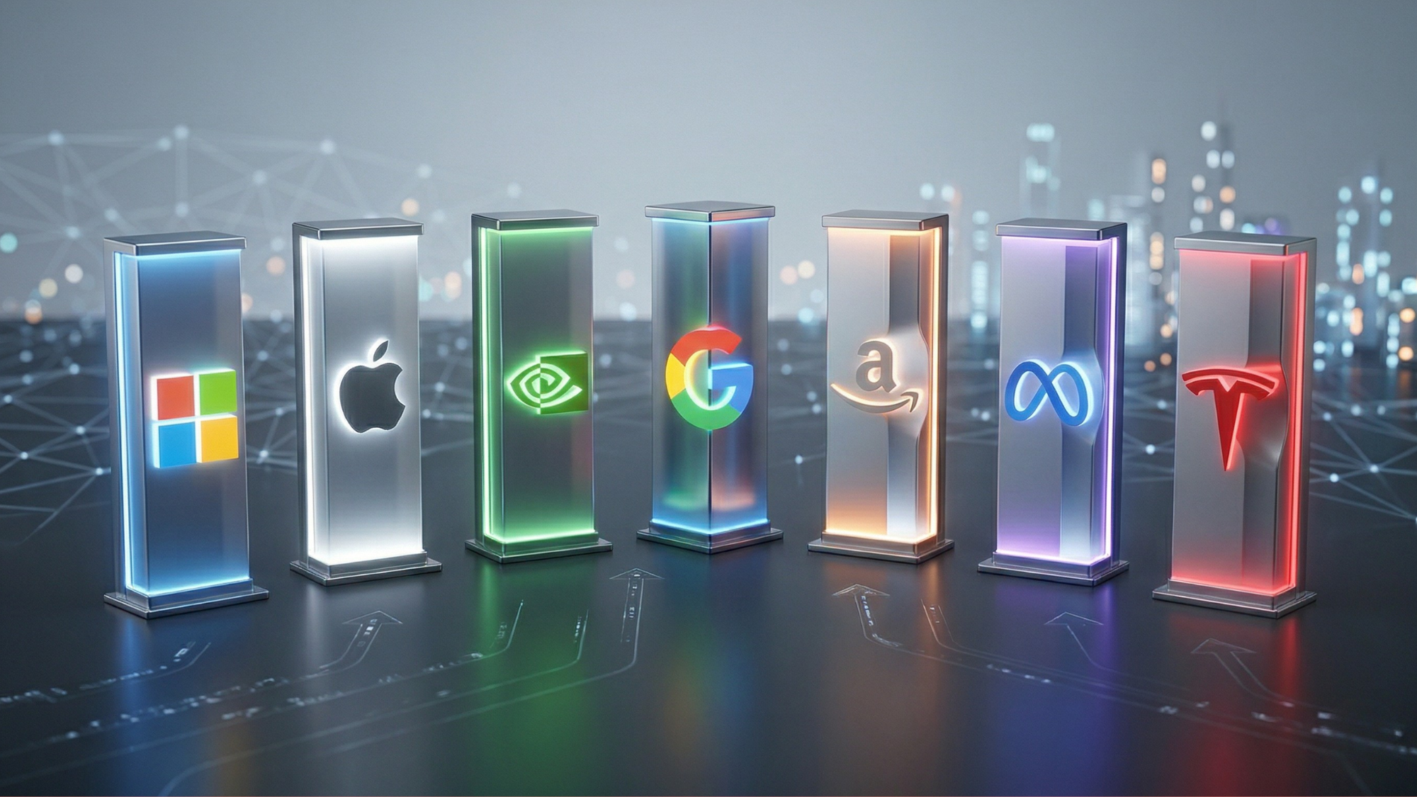 Illuminated columns display the logos of Microsoft, Apple, Nvidia, Alphabet, Amazon, Meta and Tesla against a digital backdrop, illustrating the Magnificent Seven selloff.