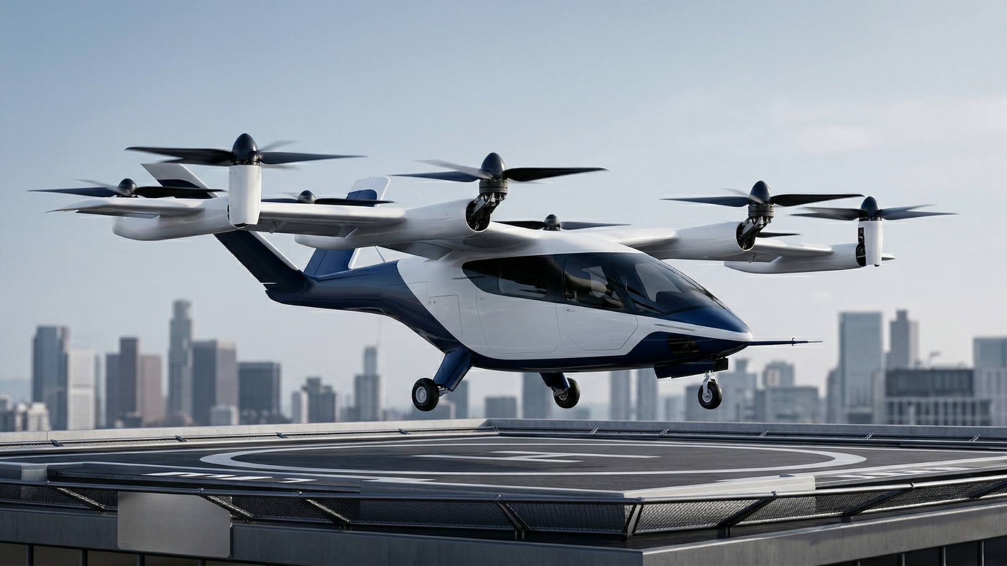 Electric eVTOL air taxi hovering above a city helipad, illustrating Vertical Aerospace’s transition flight breakthrough in urban aviation.
