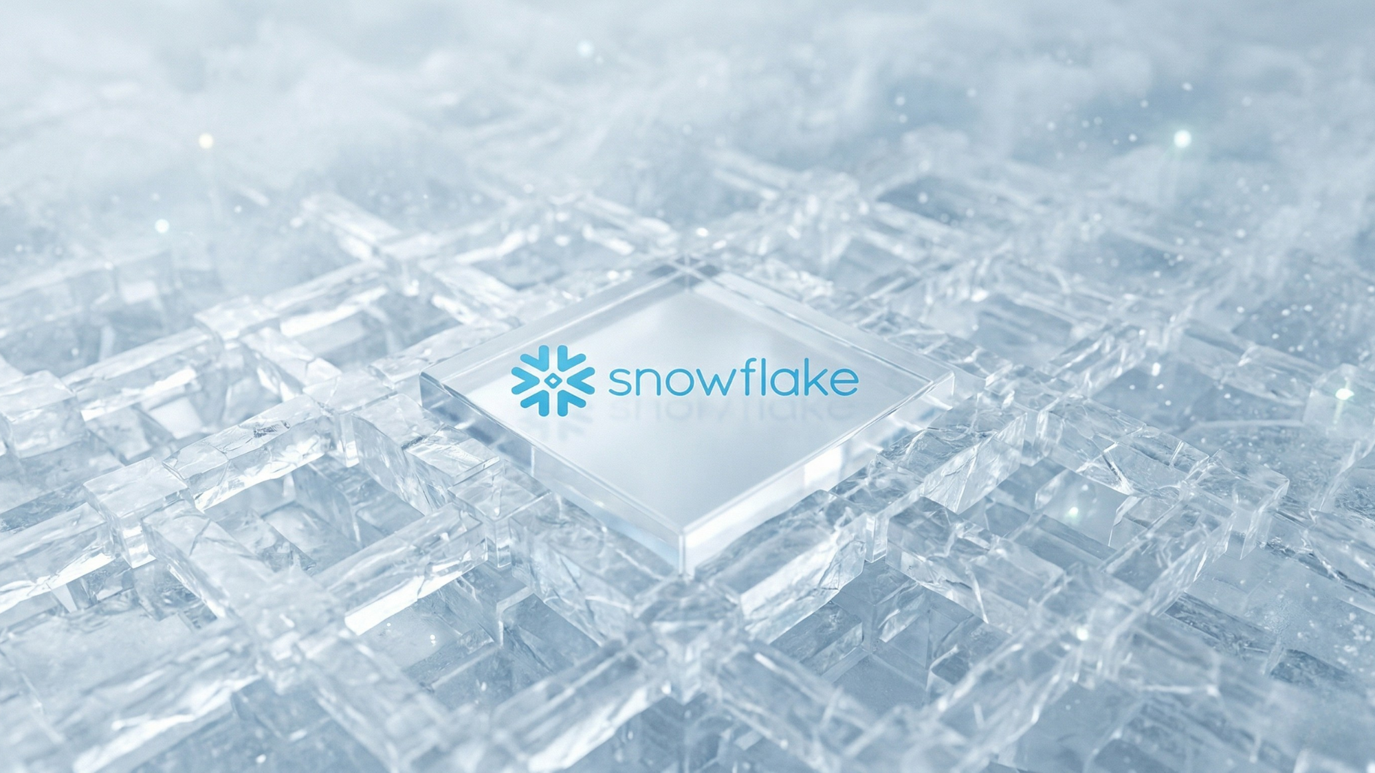 Snowflake logo on icy data-chip surface, symbolizing AI platform shift and cloud data infrastructure evolution.