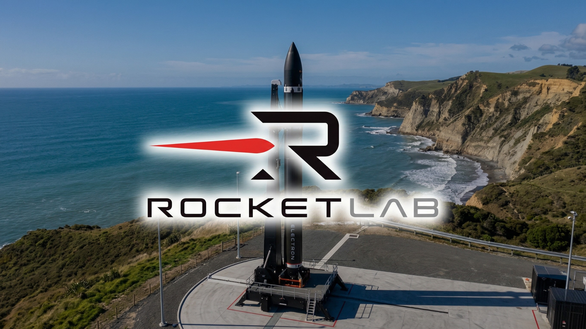 Rocket Lab Electron rocket on coastal launch pad with company logo overlay, symbolizing space tech integration strategy.