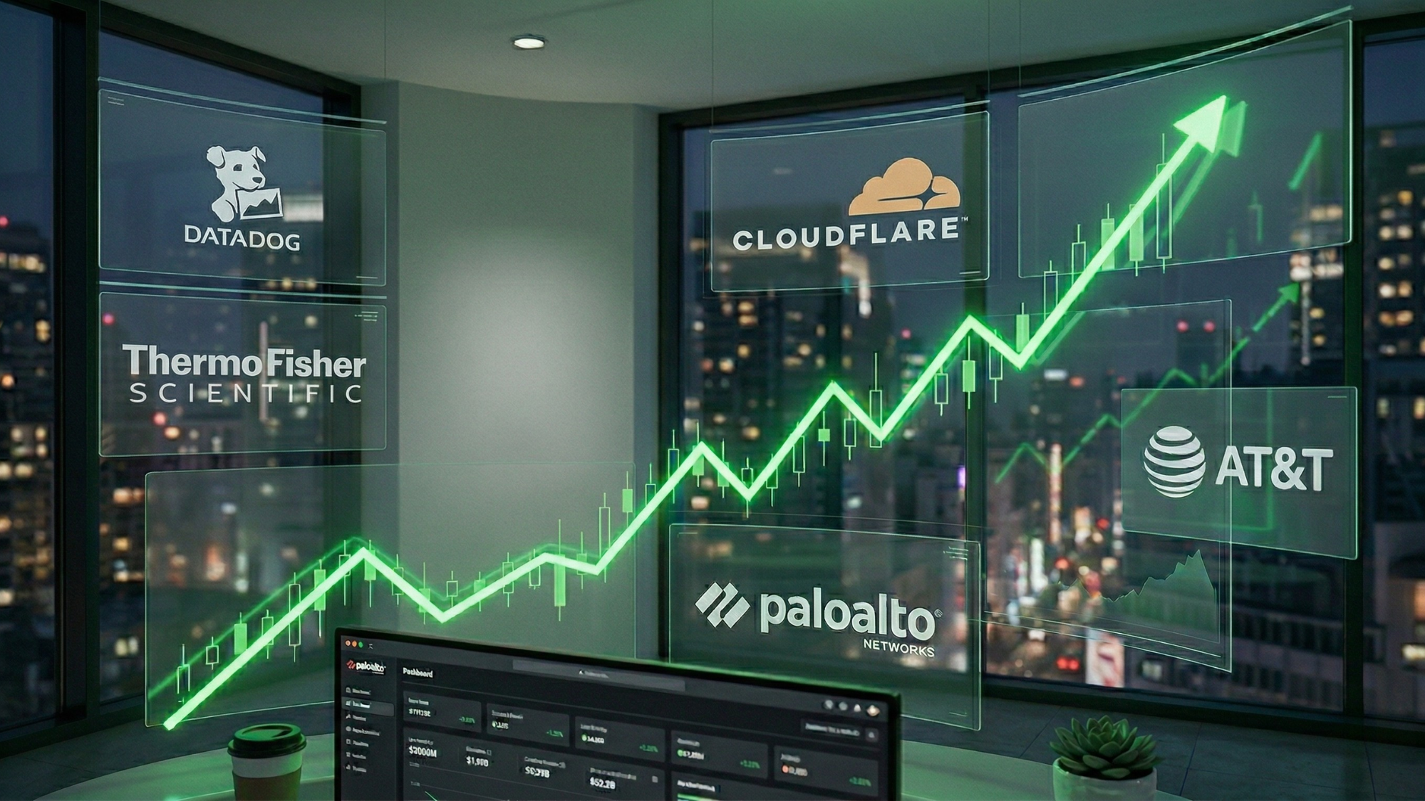 NET, DDOG, PANW, TMO, and T logos with rising candlestick chart, highlighting momentum stocks beating their sectors.