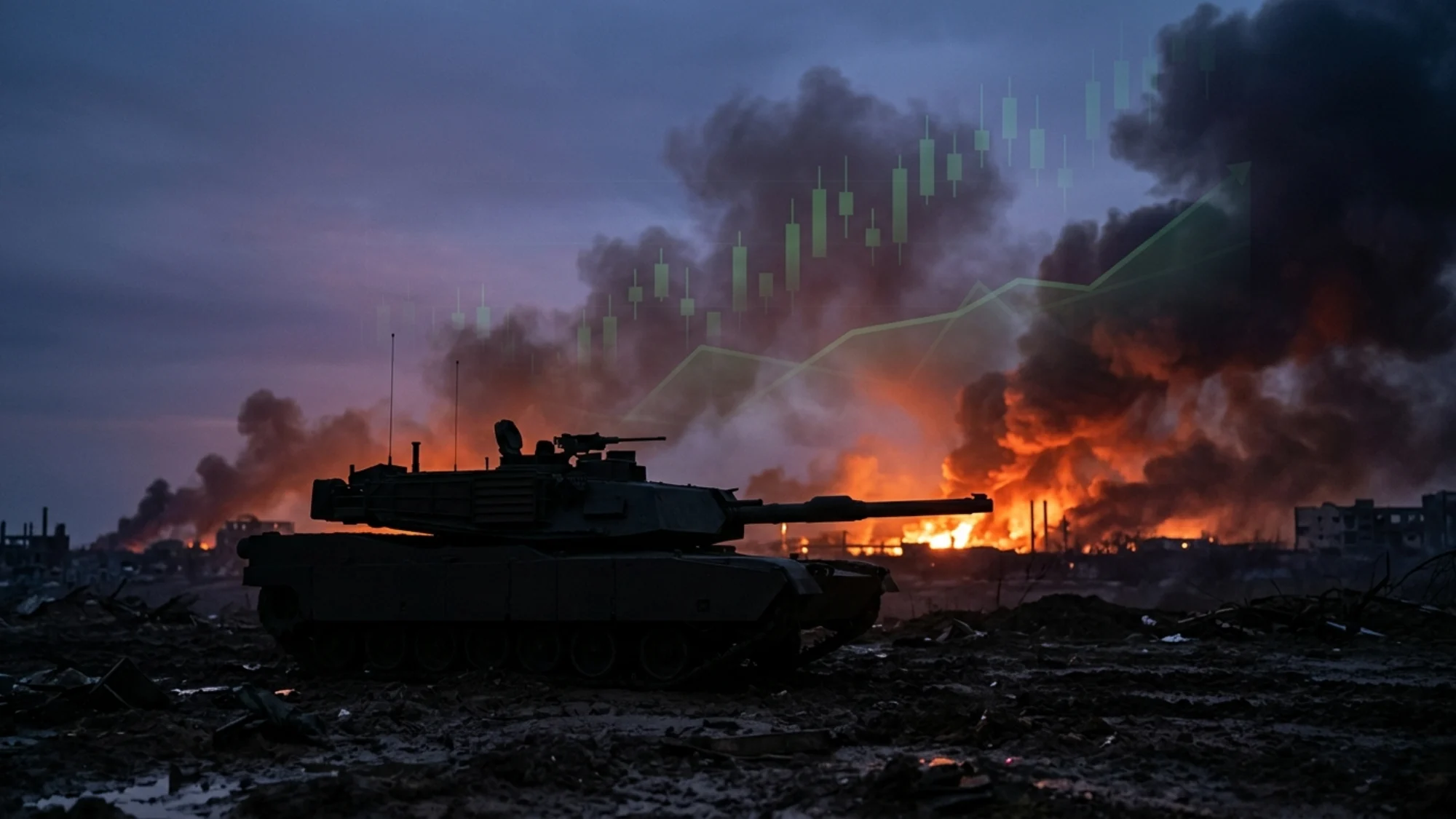 Military tank amid a conflict backdrop, with a rising candlestick chart, conceptually linking the post-war recovery potential of Citigroup, Verizon, and Delta.