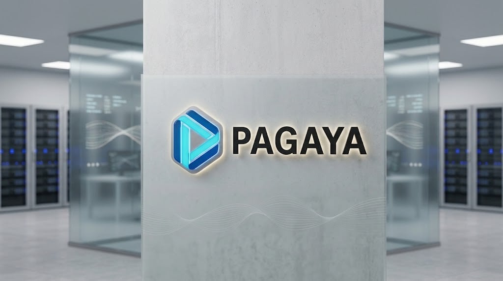 Pagaya corporate logo displayed in a modern office environment.