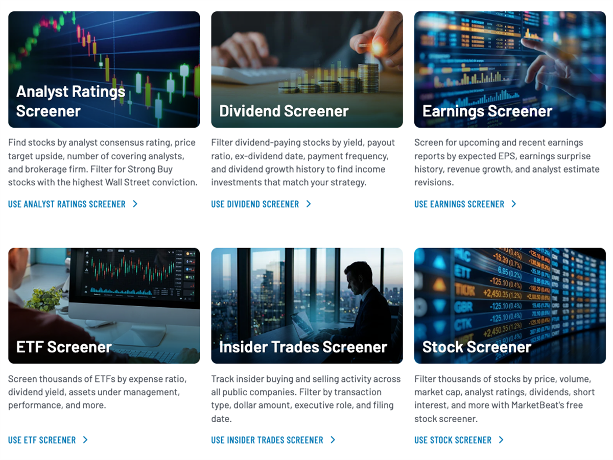 MarketBeat’s screener suite supports research across six market categories.