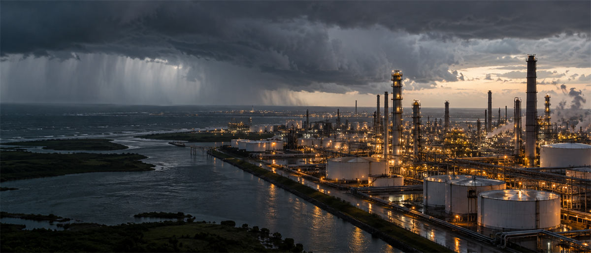 Aerial view of an illuminated oil refinery and storage tanks along a waterway under a dark storm-filled sky.