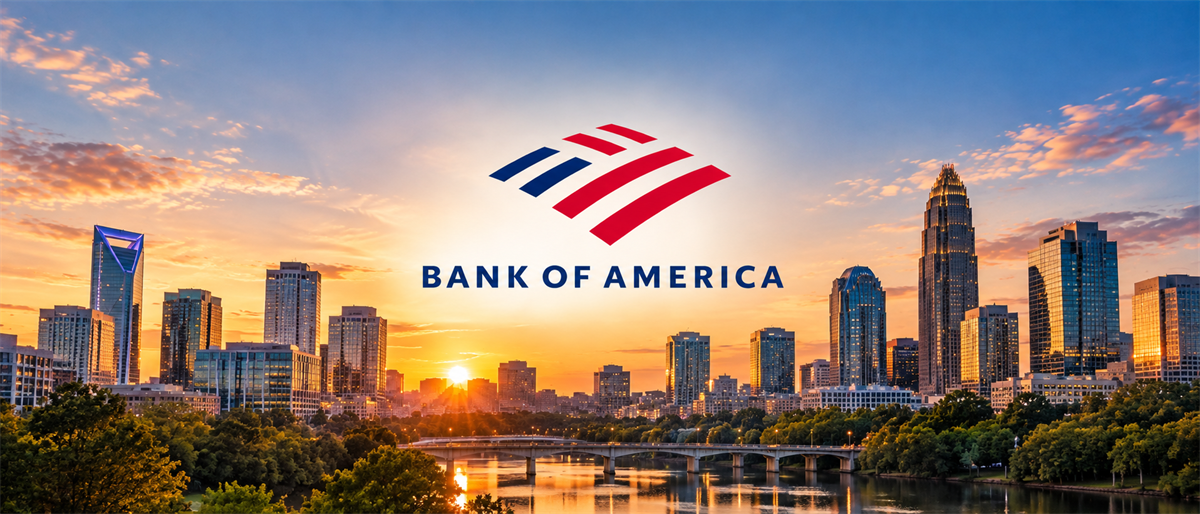 Bank of America logo displayed over a city skyline at sunset with a river and bridge in the foreground.