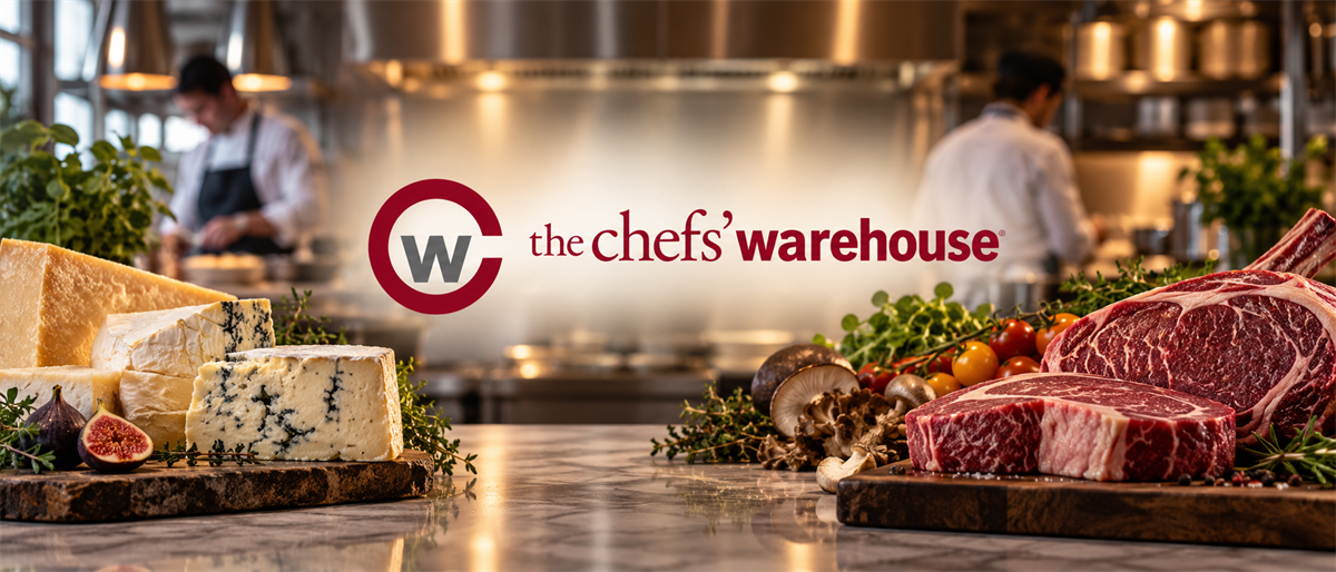The Chefs' Warehouse logo displayed over a kitchen scene with cheese, steaks, and chefs in the background.