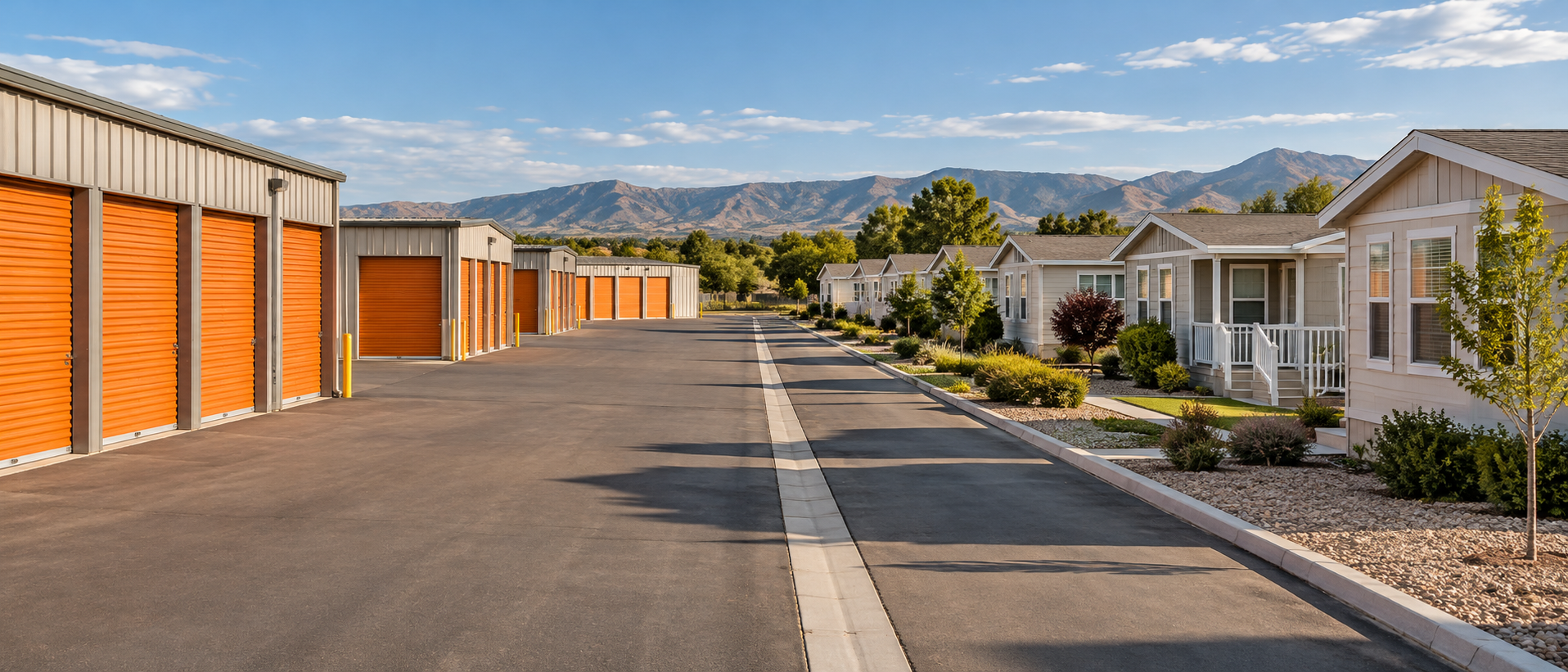 Row of self-storage units with orange doors beside a residential street lined with manufactured homes and mountains beyond.
