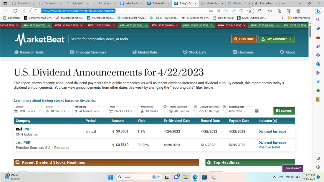 U.S. dividend announcements on MarketBeat