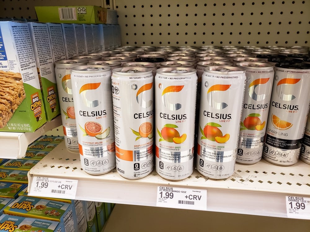 Celsius  stock price entry drinks display 