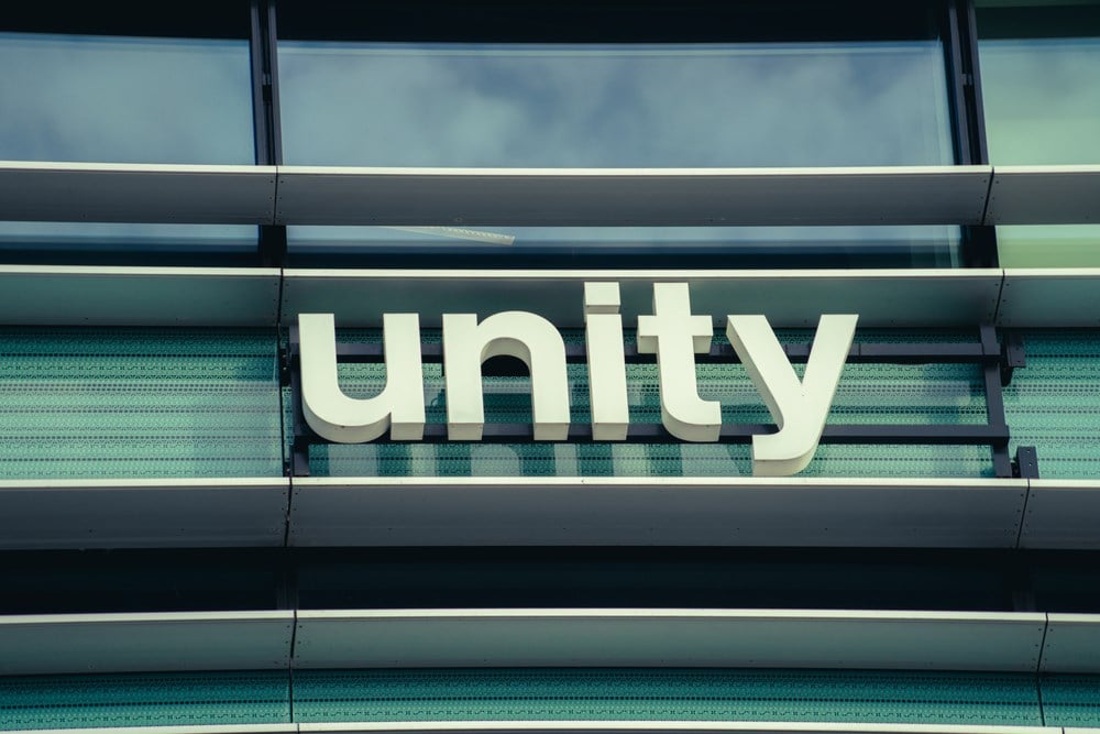 Unity logo on a building — learn more about Unity Software earnings