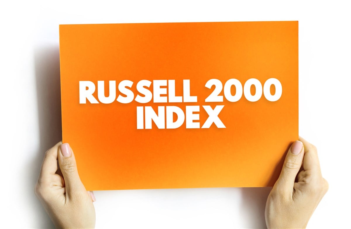 Russell 2000 Index is a market index comprised of 2,000 small-cap companies, text concept on card