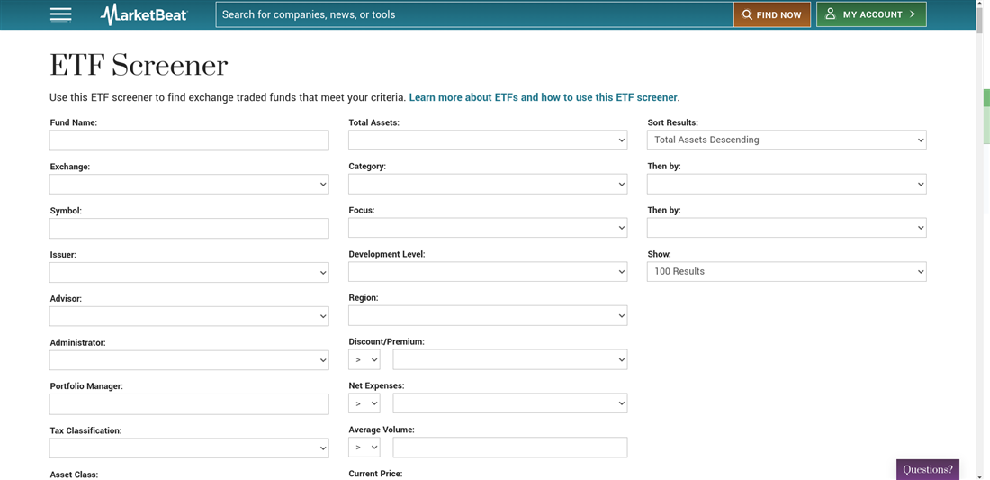 MarketBeat's ETF screener