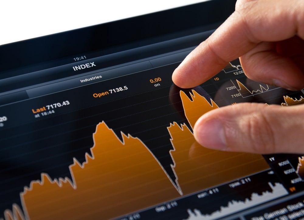 Analyzing stock market graph on a touch screen device: Simmons First national overview