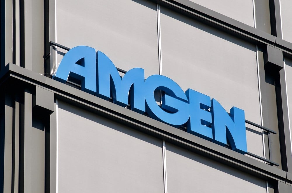 Amgen logo on a building; is Amgen stock on its way up?