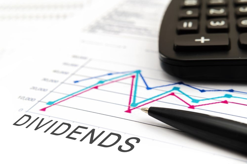 Dividends text with calculator and paper; learn more about dividend screeners