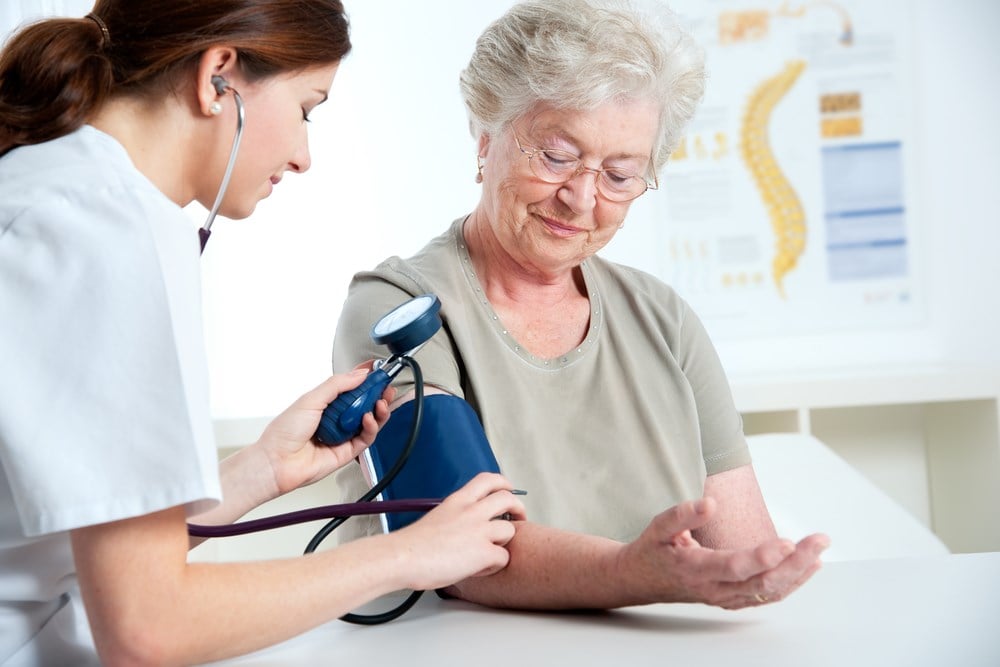 Healthcare REITs involve senior living communities; nurse checking senior woman's blood pressure