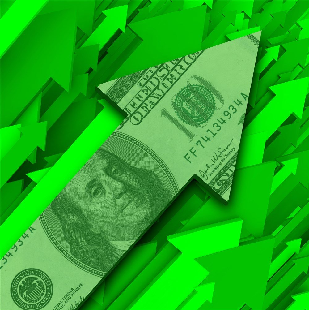 green upward arrows with money