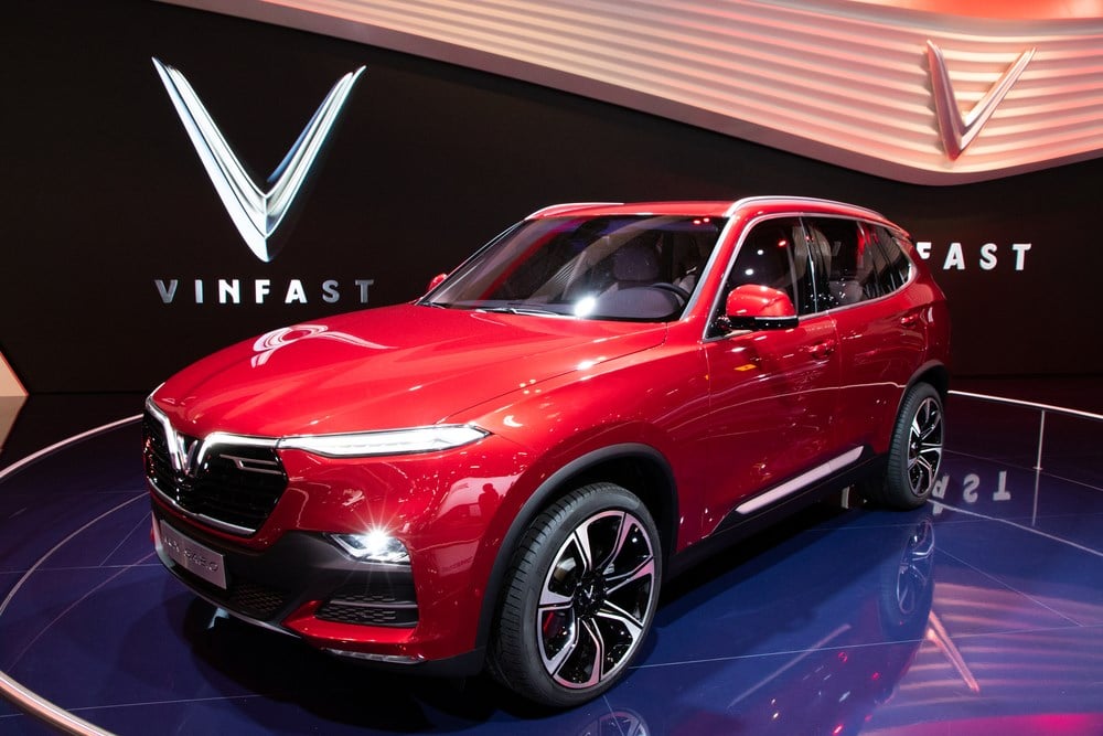 VinFast Lux AS2.0 SUV car showcased at the Paris Motor Show; learn more about VinFast stock.
