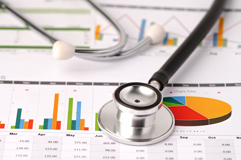 Stethoscope on chart or graph paper, health company stocks to look at