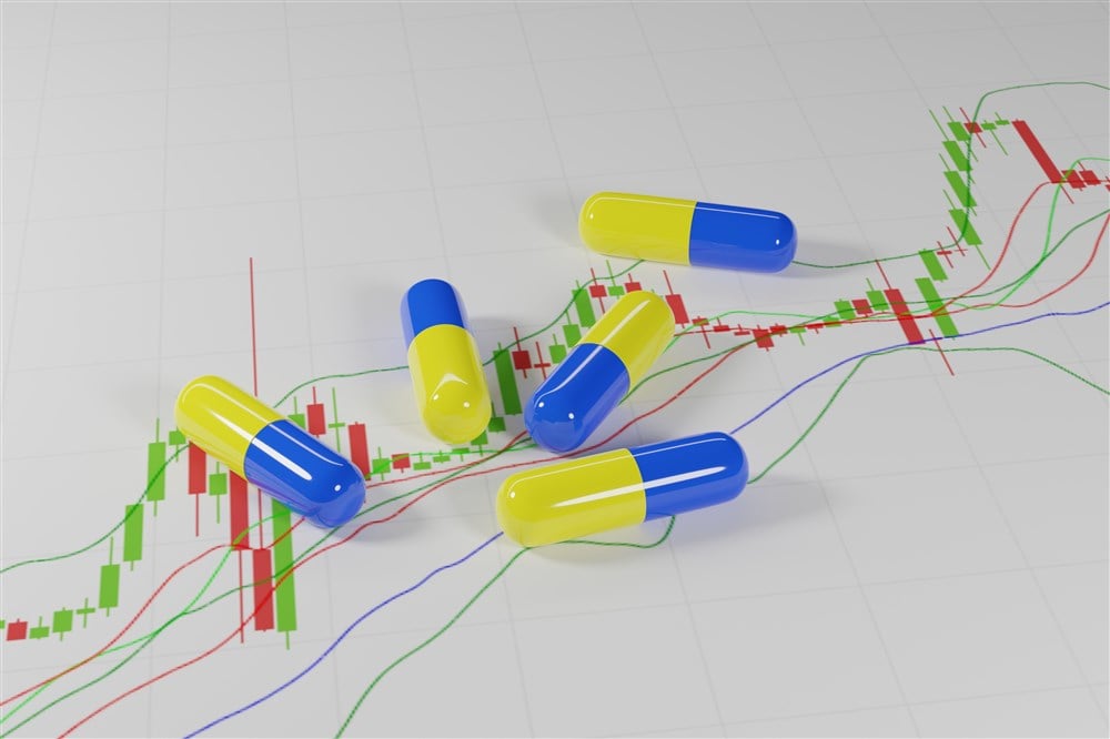 assortment of pills on background overlayed over stock chart