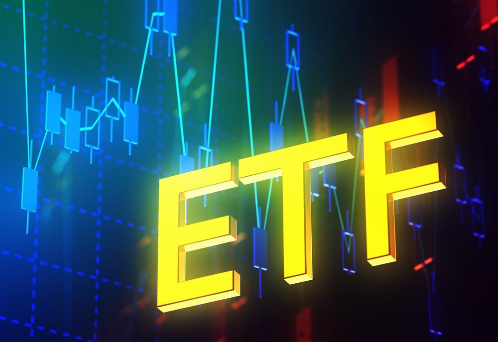 ETF acronym on candlestick chart background