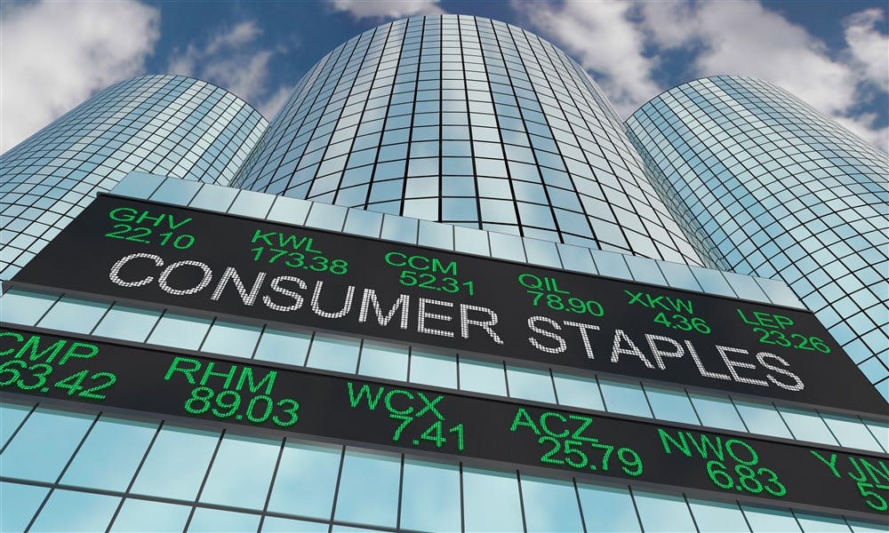 Consumer staples graphic in style of stock ticker with skyscraper in background