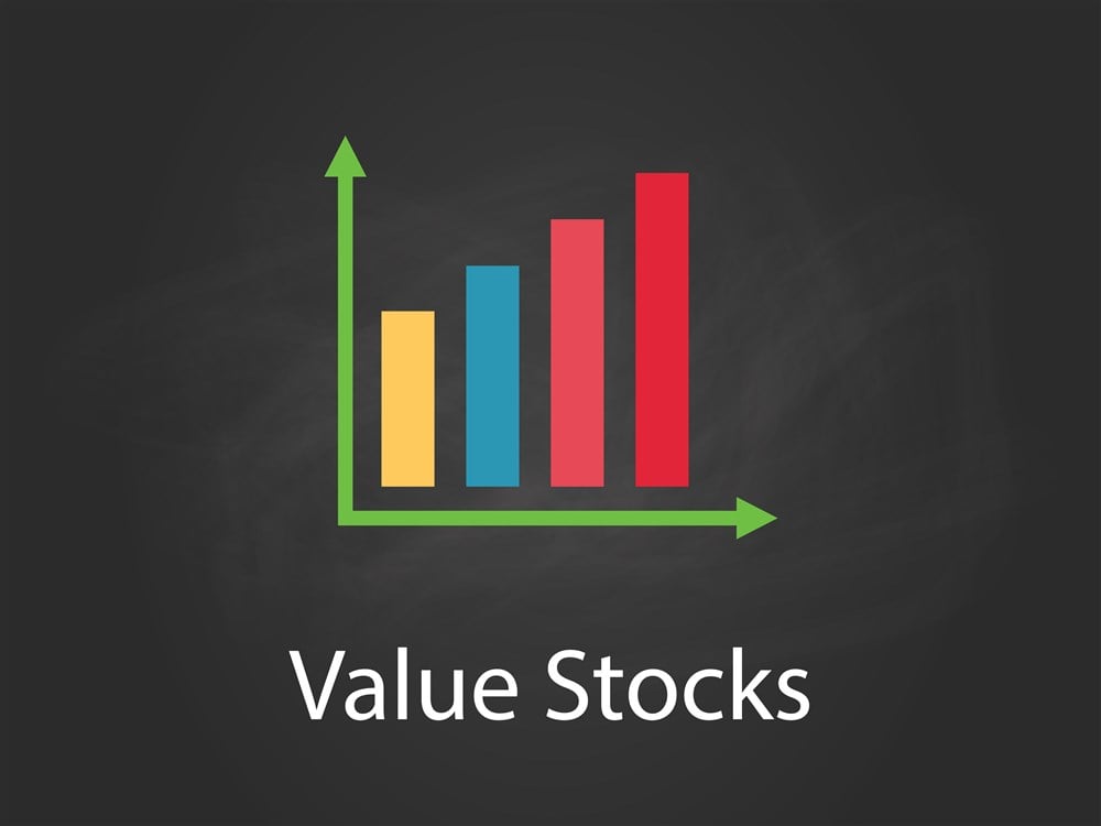 value stocks words with colored arrows on black background