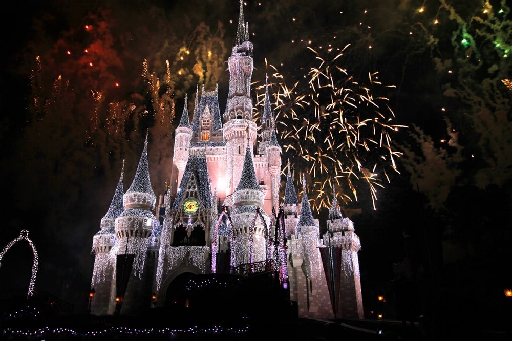 image of cinderella castle with fireworks exploding in background