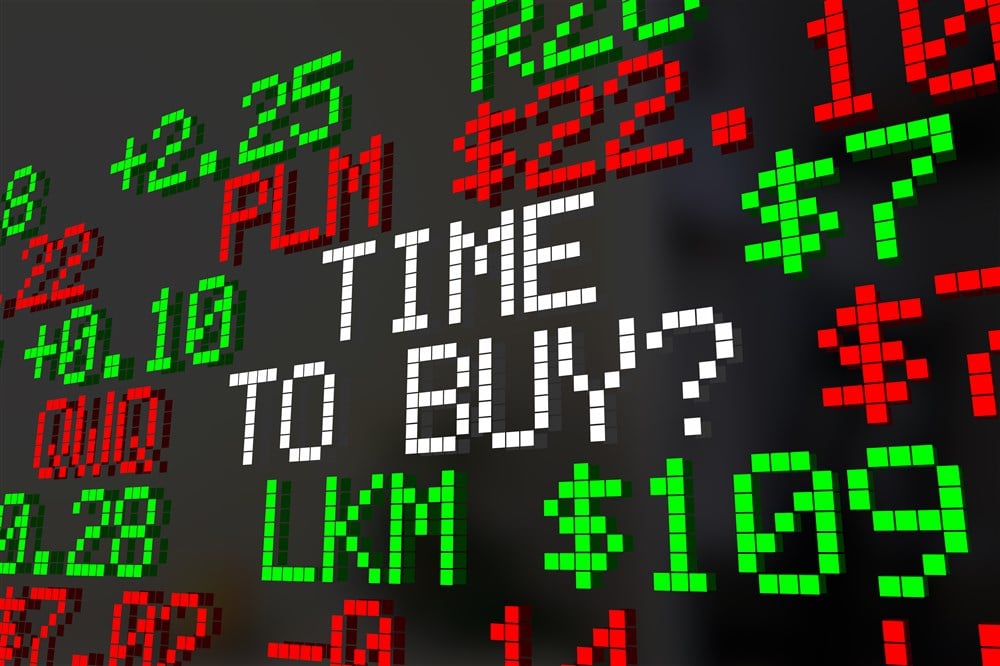 Time to Buy digital lettering on stock market ticker background
